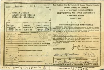 Certificate - Certificate of War Necessity
Commercial Vehicle
Single Unit
