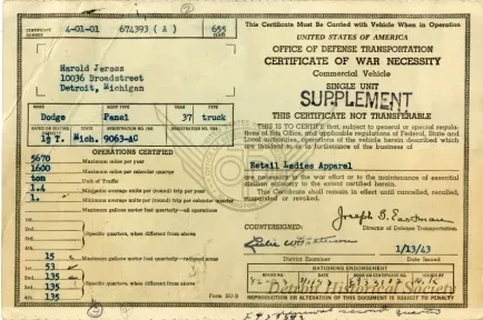 Certificate - Certificate of War Necessity 
Commercial Vehicle
Single Unit
SUPPLEMENT