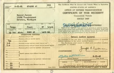 Certificate - Certificate of War Necessity
Commercial Vehicle
Single Unit
SUPPLEMENT