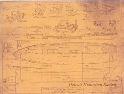 Blueprint - Three Masted Schooner, J. T. Wing,
Hull Lines & Details.