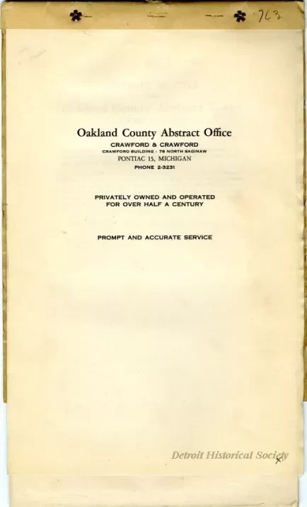 Title, Abstract - Abstract of Title,
Lot 763, Leinbach-Humphrey's Woodward Avenue Subdivision