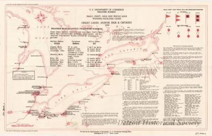 Chart, Informational - U. S. Department of Commerce, Weather Bureau
Small Craft, Gale, and Whole Gale Warning Facilities Chart
Great Lakes: Huron, Erie & Ontario, 1959