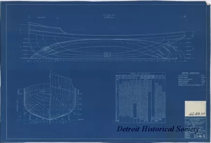 Blueprint - 40 Foot Steel Work Launch,
Lines and Offsets for
U. S. Lake Survey Office, Detroit, Michigan
