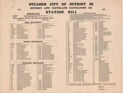 Poster, Instructional - Steamer City of Detroit III
Detroit and Cleveland Navigation Co.
Station Bill