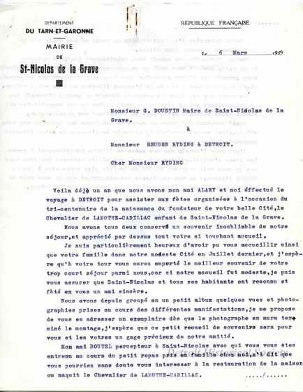 Letter - Departement Du Tarn-Et-Garonne,
Mairie de St-Nicolas de la Grave