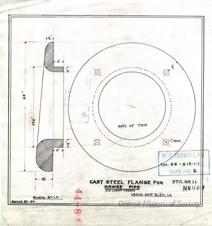 Drawing, Technical - Cast Steel Flange for Hawse Pipe,
U. S. Light Vessel