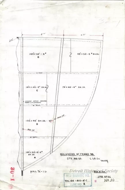 Drawing, Technical - Bulkhead at Frame 56,
Str. [Steamer] No. 66