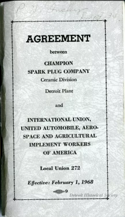 Agreement - Agreement between Champion Spark Plug Company Ceramic Division Detroit Plant and International Union, United Automobile, Aerospace and Agricultural Implement Workers of America, Local Union 272; Effective: February 1, 1968