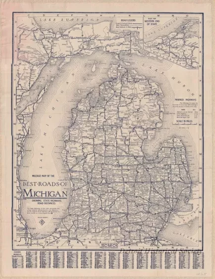 Map - Mileage Map of the Best Roads of Michigan,
Showing State Highways, Road Distances.