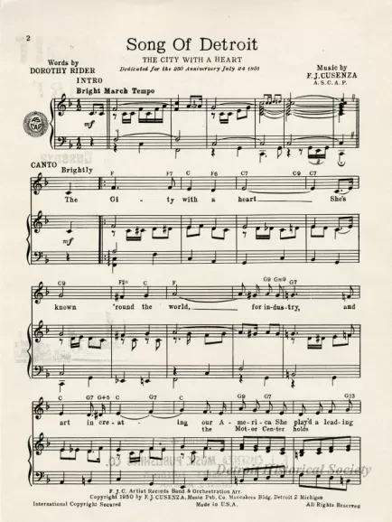 Music, Sheet - Song of Detroit, The City With a Heart