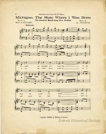 Music, Sheet - Michigan, The State Where I Was Born