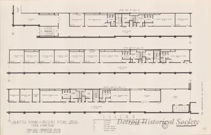Drawing, Architectural - Committee Rooms & Dressing Rooms West of Halls A,B,C, 
Third Floor Plan, 
Cobo Hall - Convention Arena, 
Civic Center - City of Detroit, Michigan