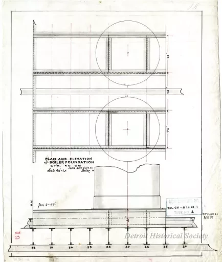 Drawing, Technical - Plan and Elevation of Boiler Foundation, 
Str. [Steamer] No. 66