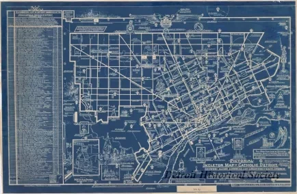 Map - Pictorial Skeleton Map of Catholic Detroit,
Showing Name, Address and Location of Each Church