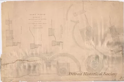 Drawing, Architectural - Fort Wayne,
Arrangement of Gun Platforms and B. H. Wall, 
and Method of Reinforcing Pintle Stones