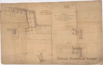 Drawing, Architectural - Fort Wayne,
Plans & Sections of a Flank & Adjoining Portion of Curtain & Face,
Showing the Intended Masonry of Scarp & Flank Casemates