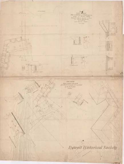 Drawing, Architectural - No. 4, Fort Wayne,
Plan & Sections of a Flank & Adjoining Portion of a Curtain & Face;
Showing the Intended Masonry of Scarp and Flank Casemates for All the Work Except the East Bastion