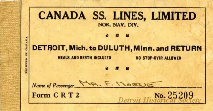 Ticket, Transportation - Canada SS. [Steamship] Lines, Limited
Nor. Nav. Div. [Northern Navigation Division]