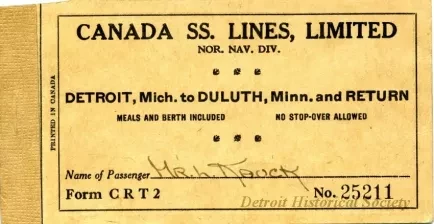Ticket, Transportation - Canada SS. [Steamship] Lines, Limited
Nor. Nav. Div. [Northern Navigation Division]