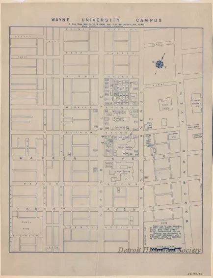 Blueprint - Wayne University Campus, 
A New Base Map by R. W. Kelley and J. C. MacLachlan, Jan., 1948
