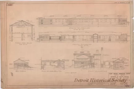 Drawing, Architectural - Fort Wayne Ordnance Depot, Detroit, Michigan -
Expansion of Station Hospital, Elevations and Sections