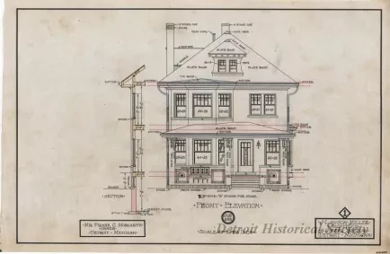 Drawing, Architectural - Residence for Mr. Frank C. Moriarty, Owner, 
Detroit, Michigan - Front Elevation