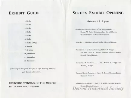 Program - An Exhibit on Dynamic Detroit Pioneers James E. and William E. Scripps and Their Associates