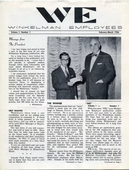 Newsletter - WE Winkelman Employees, Vol. 1, No. 1
February - March, 1956