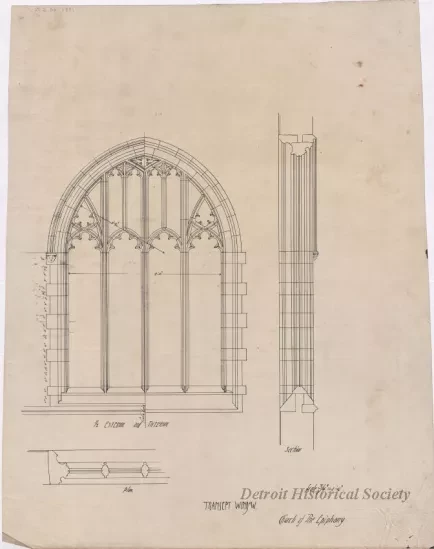 Drawing, Architectural - Cross Section Through Nave and Aisles Showing Truss and Roofs,
Transept Window