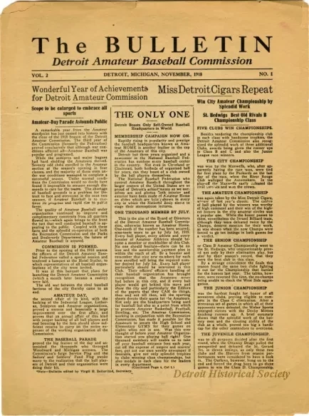 Newsletter - The Bulletin, Detroit Amateur Baseball Commission, Vol. 2, No. 1
November, 1918