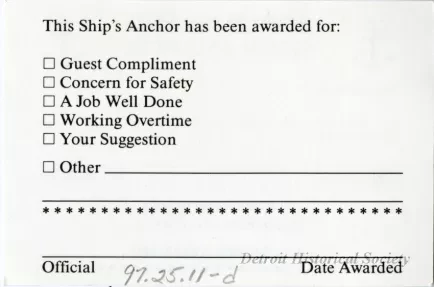 Award - Bob-Lo Island Ships Anchor Award