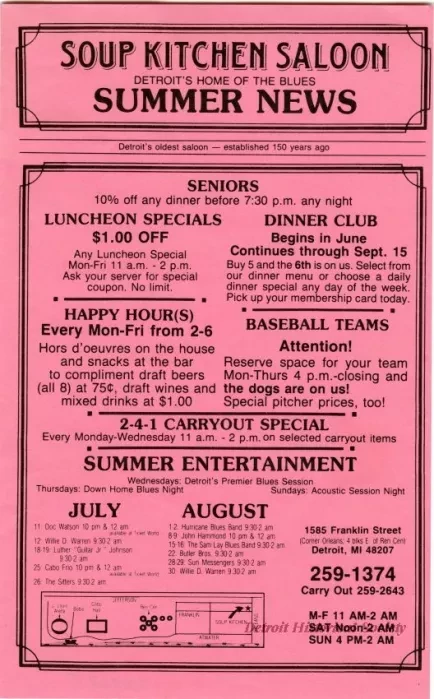 Flier - Soup Kitchen Saloon, Detroit's Home of the Blues, Summer News