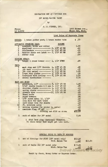 List, Price - Regulation Set of Fittings for 36" Model Racing Yacht
by A. J. Fisher, Inc.