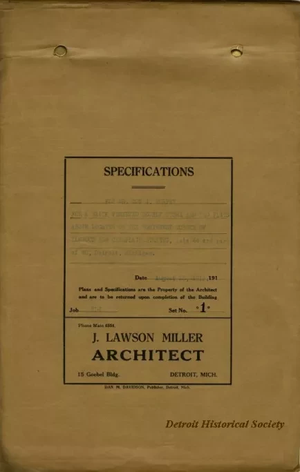 Specification - Specifications for Mr. Con [Cornelius] J. Murphy for a Brick Veneered Double Store and Two Flats Above Located on the Northwest Corner of Elmwood and Champlain Streets, Detroit, Michigan.