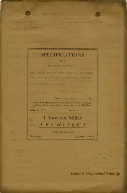Specification - Specifications for Mr. David Satovsky for a Frame Two Story Eight Apartment Building Located on Nineteenth Street, Between Fort and Lafayette Streets, Detroit, Michigan.