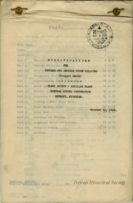 Specification - Specifications for Storage and Service Stock Building, Clark Avenue - Cadillac Plant, Detroit, Michigan, General Motors Corporation.