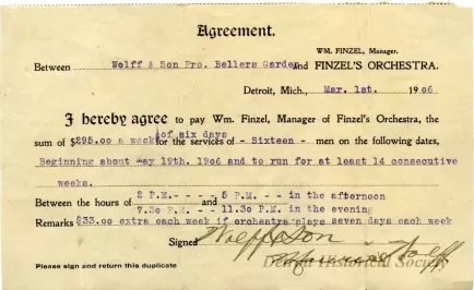Contract - Agreement Between Wolff & Son Pro. Bellers Garden and Finzel's Orchestra