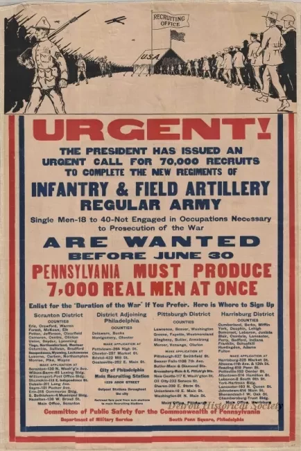 Poster - Urgent!  The President Has Issued an Urgent Call for 70,000 Recruits to Complete the New Regiments of Infantry & Field Artillery, Regular Army