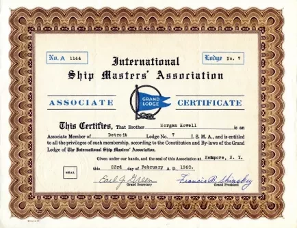 Certificate, Membership - International Ship Masters' Association,
Grand Lodge Associate Certificate