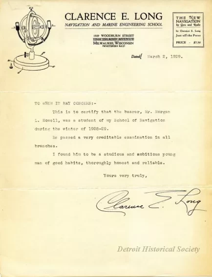 Letter - Clarence E. Long Navigation and Marine Engineering School