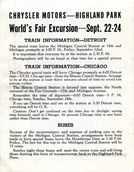 Program - A Souvenir of the Chrysler Corporation Highland Park Plant 
Employees' Excursion to 'A Century of Progress' at Chicago