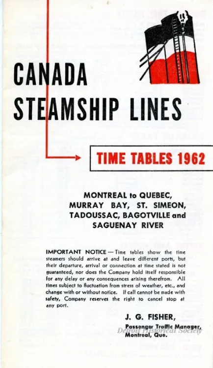 Timetable - Canada Steamship Lines,
Time Tables 1962