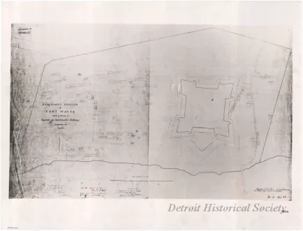 Drawing, Technical - Government Grounds at Fort Wayne 
with Position of Engineer and Quartermaster Buildings, Roadways &c.,
Aug. 1866