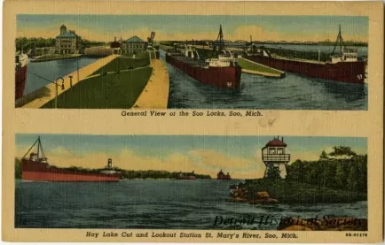 Postcard - General View of the Soo Locks, Soo, Mich. Hay Lake Cut and Lookout Station St. Mary's River, Soo, Mich.
