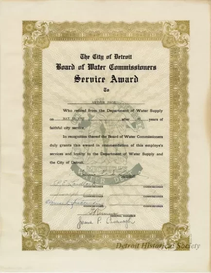 Certificate, Commemorative - The City of Detroit
Board of Water Commissioners Service Award