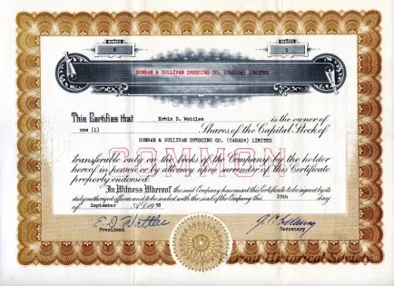 Certificate, Stock - Dunbar & Sullivan Dredging Co. (Canada) Limited