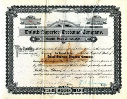 Certificate, Stock - Duluth-Superior Dredging Company