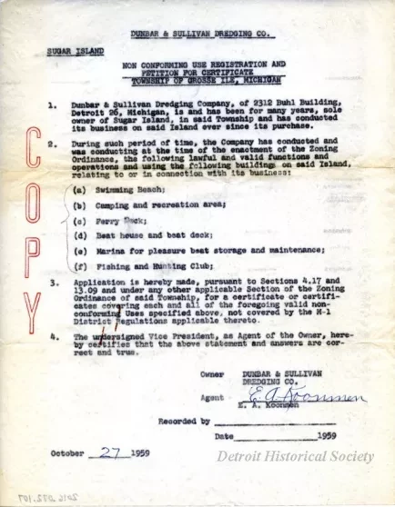 Letter - Dunbar & Sullivan Dredging Co. 
Sugar Island, Non Conforming Use Registration and Petition for Certificate, Township of Grosse Ile, Michigan