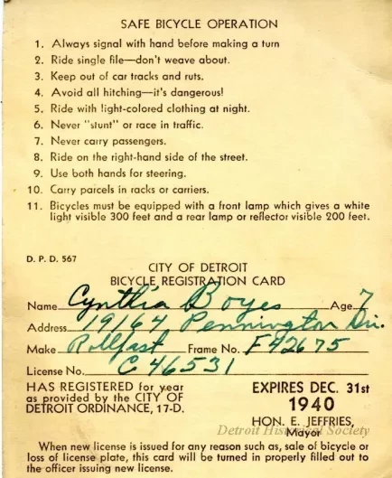 Card, Documentary - City of Detroit
Bicycle Registration Card