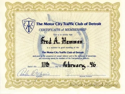 Certificate, Membership - The Motor City Traffic Club of Detroit